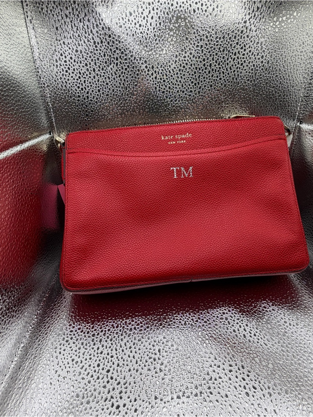 kate spade red pebbled leather crossbody with monogram